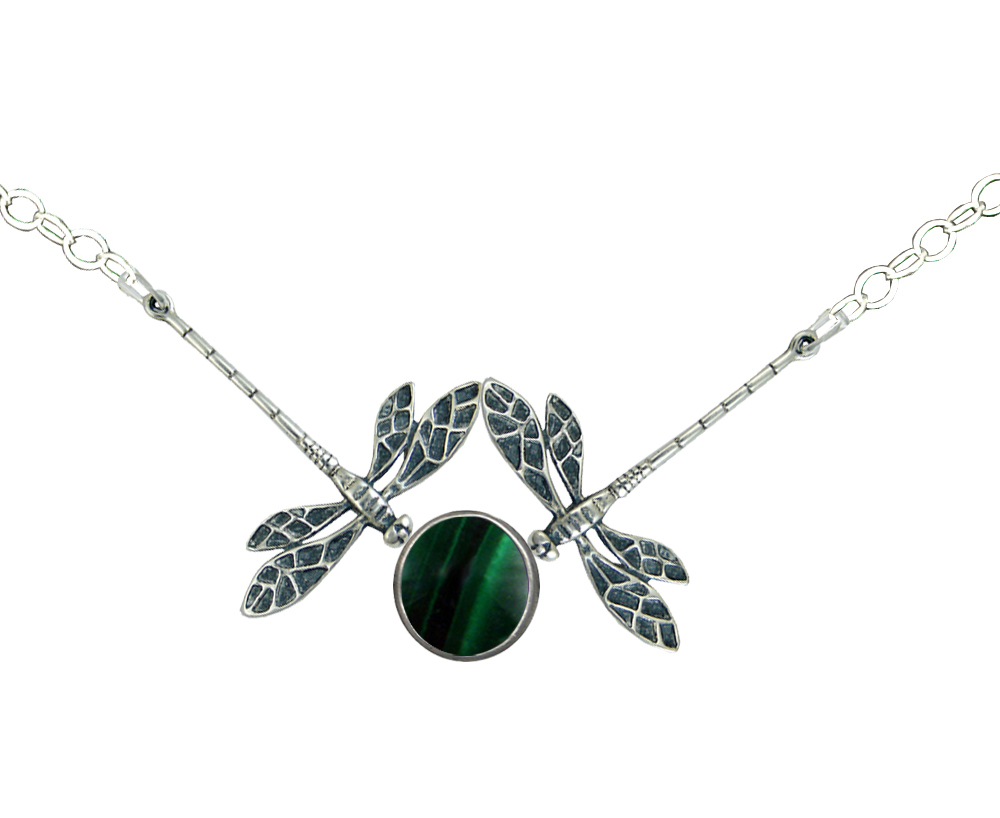 Sterling Silver Double Dragonfly Necklace With Malachite